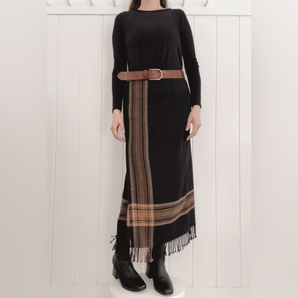 Vintage Dressbarn Wrap Skirt Plaid Fringe Wool Blend Black Brown Western Maxi - Picture 2 of 14